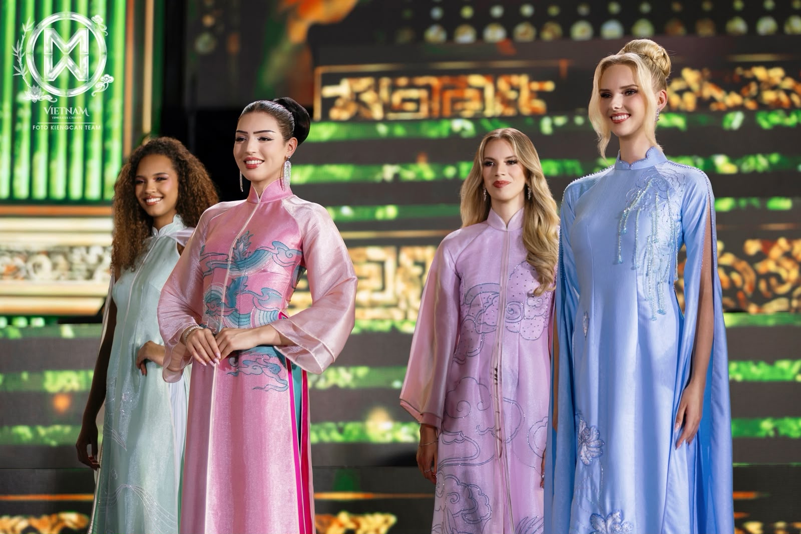 Contestants in traditional Vietnamese áo dài dresses